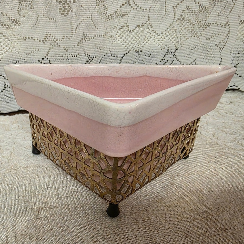Vintage 7" Triangular Ceramic Planter, Trinket Dish Pink Gold Filigree MCM Stand